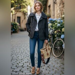 Guess Wool Blend Colorblock Pea Coat Jacket Women M Grey Black Long Sleeve Retro